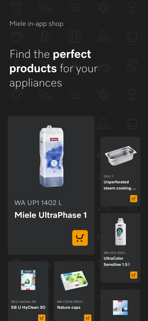 The Miele app in-app shop screen showing cleaning products and accessories