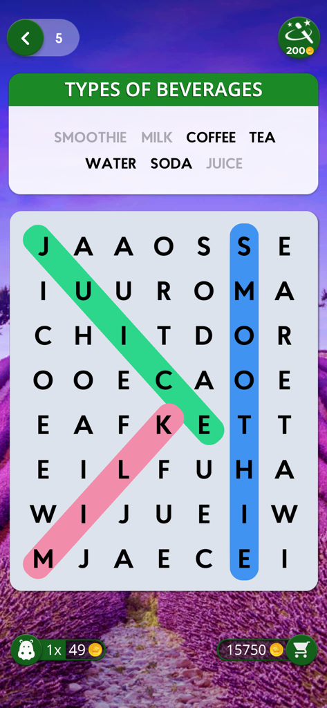 A word search puzzle about beverages in the Words of Wonders Search mobile game