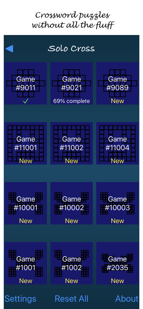 Solo Cross app screen showing a simple grid of available crossword puzzles and player progress.