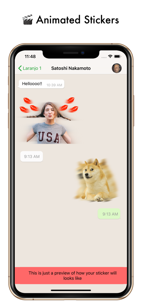 Top Sticker Maker - WaSticker - A smartphone screen showing a chat interface with custom animated stickers including a woman and a doge meme.