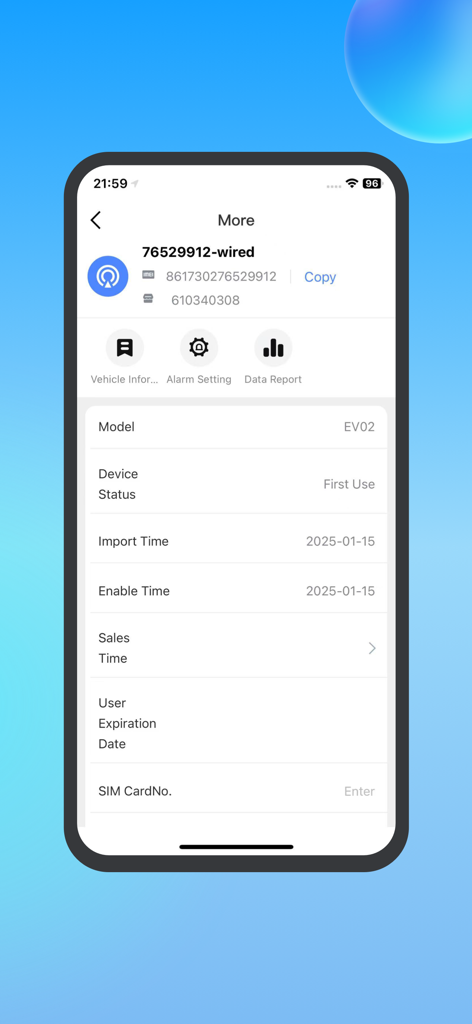 EYON - Interfaz de la aplicación EYON que muestra la configuración detallada y la información de estado de un dispositivo de rastreo GPS cableado