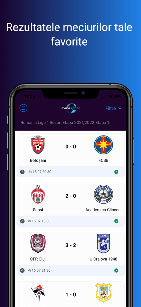 DigiSport - Interfaccia dell'app DigiSport che mostra i risultati delle partite di calcio della Liga 1 rumena