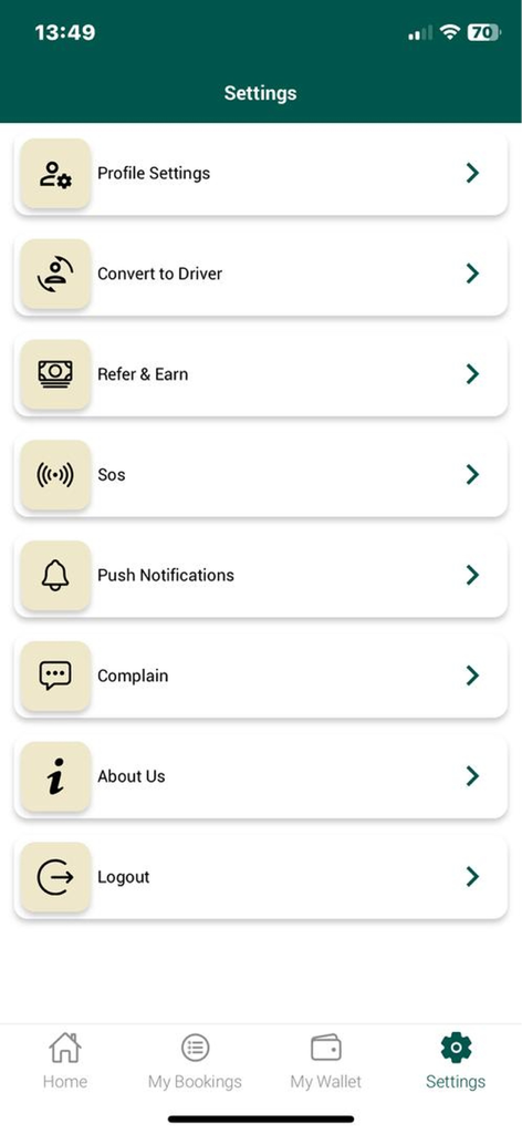 Go Safe ZW - Go Safe ZWナビゲーションアプリの設定画面（ユーザープロファイル、アカウント、ドライバーオプションを表示）