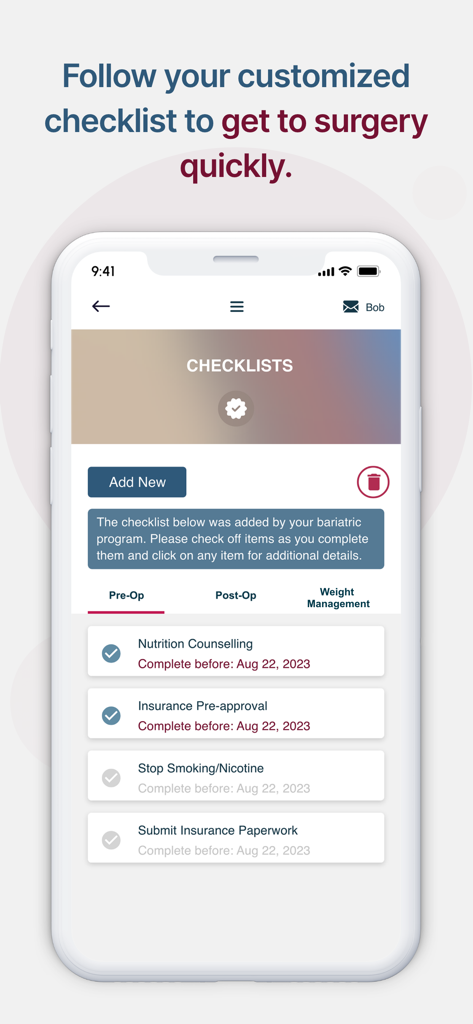 A mobile screen showing the Baritastic app pre-op checklist with tasks like nutrition counseling and insurance approval.