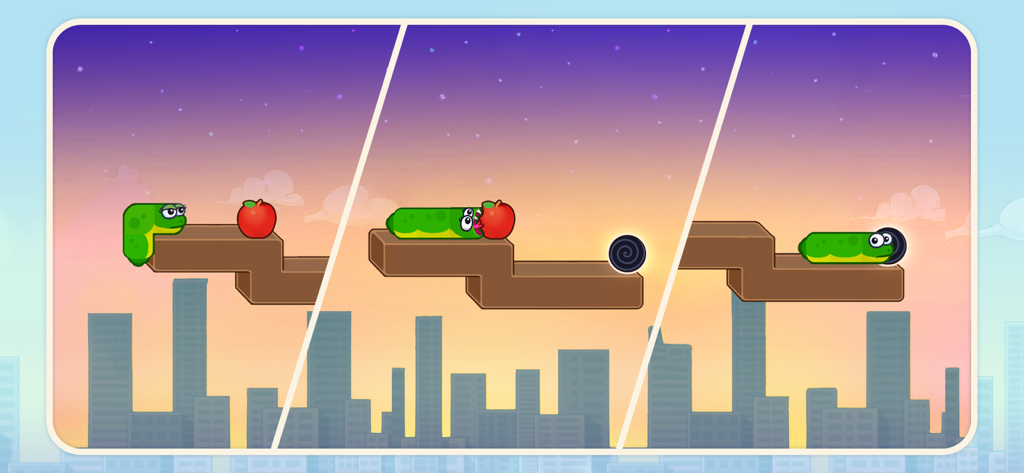 Snake Puzzle: Slither to Eat! - A green snake eating a red apple and reaching a portal in a puzzle game.