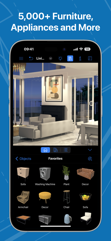 Live Home 3D - House Design - 3D リビングルームのデザインと家具・家電のライブラリを表示する Live Home 3D アプリのインターフェース