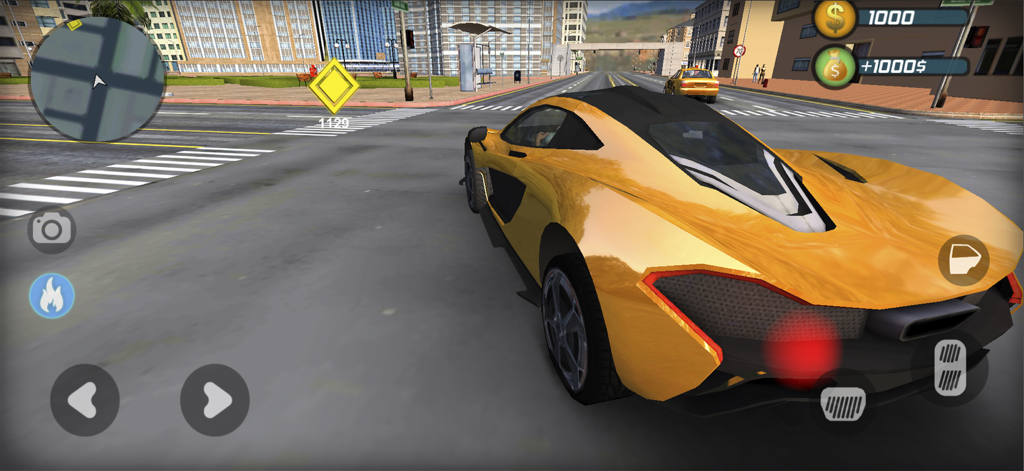 A yellow sports car driving on a grand city street in the Go To Street 2 mobile game