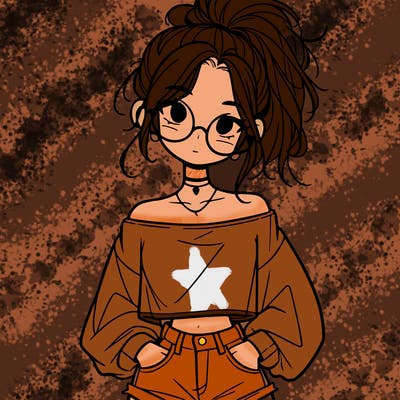 girl with a messy ponytail glasses a baggy crop top and jean shorts