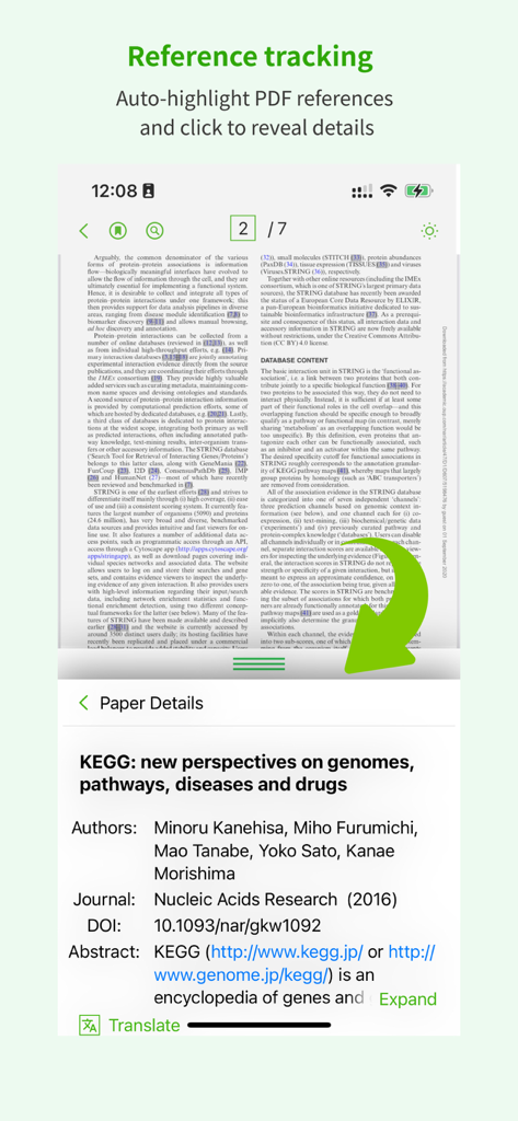 Interface of ivySCI app showing reference tracking which auto-highlights citations in a PDF and displays paper details like authors and DOI below