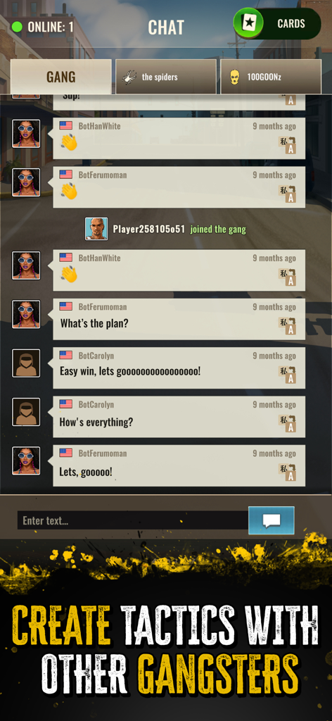 The Gang: Street Wars - In-game chat screen showing players coordinating tactics and communicating within their gang in The Gang Street Wars