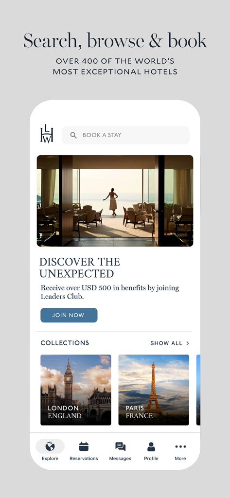 ロンドンとパリのホテ​​ル検索と厳選された旅行コレクションを表示するリーディングホテルモバイルアプリのホーム画面。