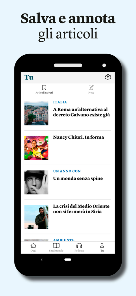Internazionale - イタリア語のInternazionaleニュースアプリの保存済み記事と個人的なメモセクションが表示されているスマートフォンの画面。