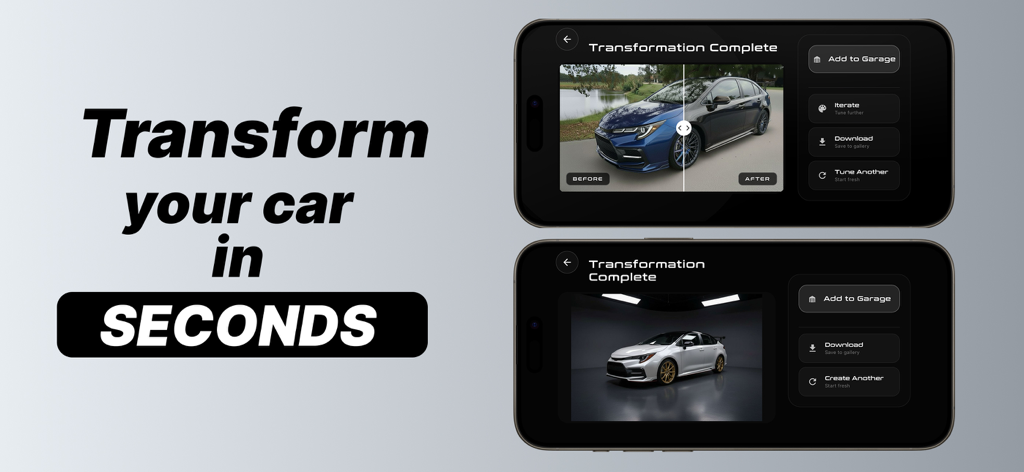 Tunex: AI Car Design & Tuning - Tunex mobile app interface showing AI-powered car transformation and before-after tuning results