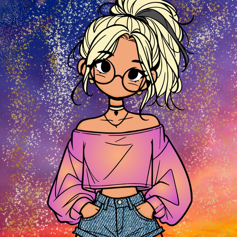 girl with a messy ponytail glasses a baggy crop top and jean shorts