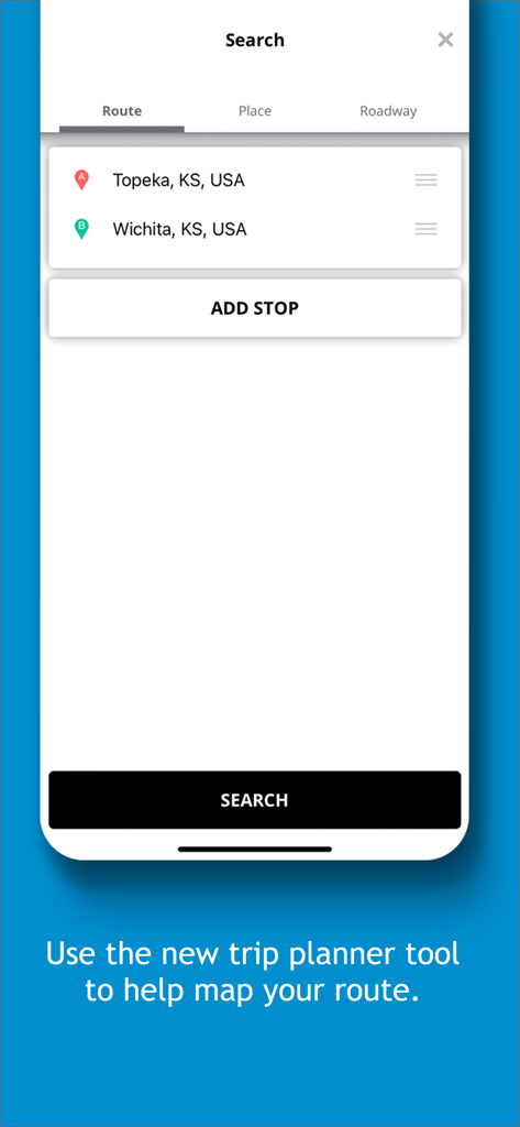 KanDrive - KanDrive app trip planner interface showing a route search from Topeka to Wichita.
