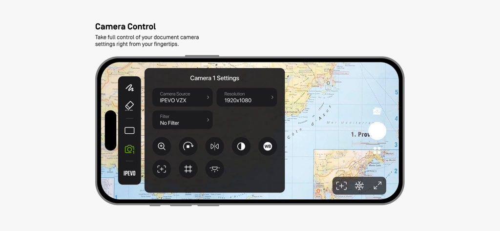 Smartphone interface of IPEVO Visualizer app showing camera settings menu over a displayed map.
