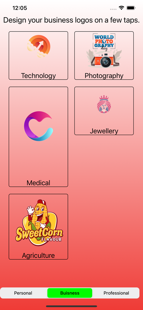 Logo Maker and Design Creator - Interface of the Logo Maker app displaying business logo design categories with sample templates.