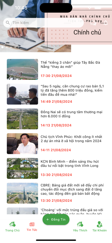 NhaDat888 - Nhà Đất Chính Chủ - NhaDat888 app interface showing a list of real estate news articles in Vietnamese.