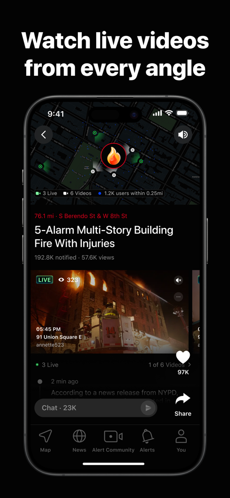 Citizen app interface showing a live video broadcast of a multi story building fire incident