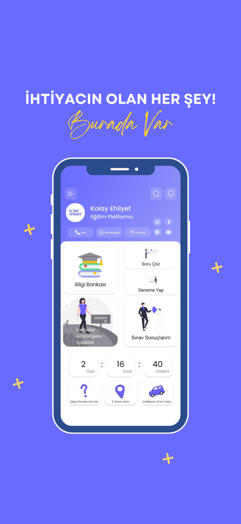 Kolay Ehliyet - Sürücü Eğitimi - Main dashboard of the Kolay Ehliyet app showing driving school study materials and exam countdown