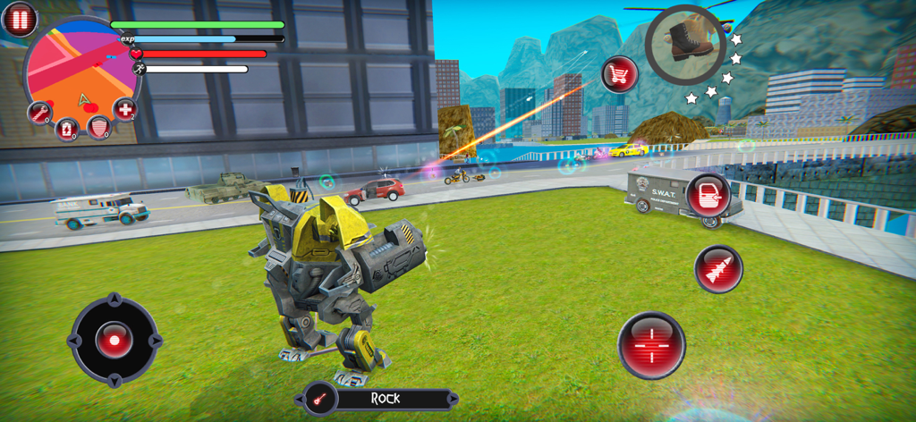 Gameplay screenshot of a yellow mechanical suit in Rope Hero 2 open world city