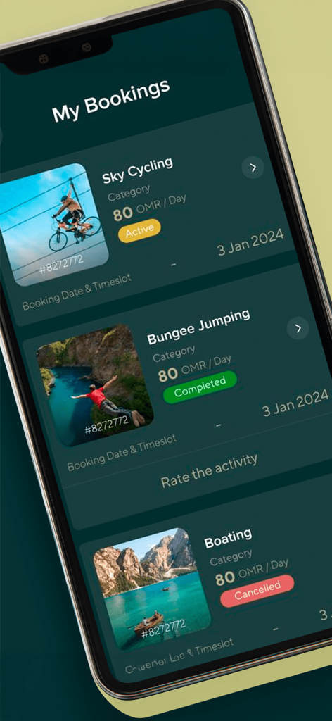 Safarjala - オマーンでのユーザーのアドベンチャーアクティビティブッキングを表示するSafarjalaアプリのスクリーンショット