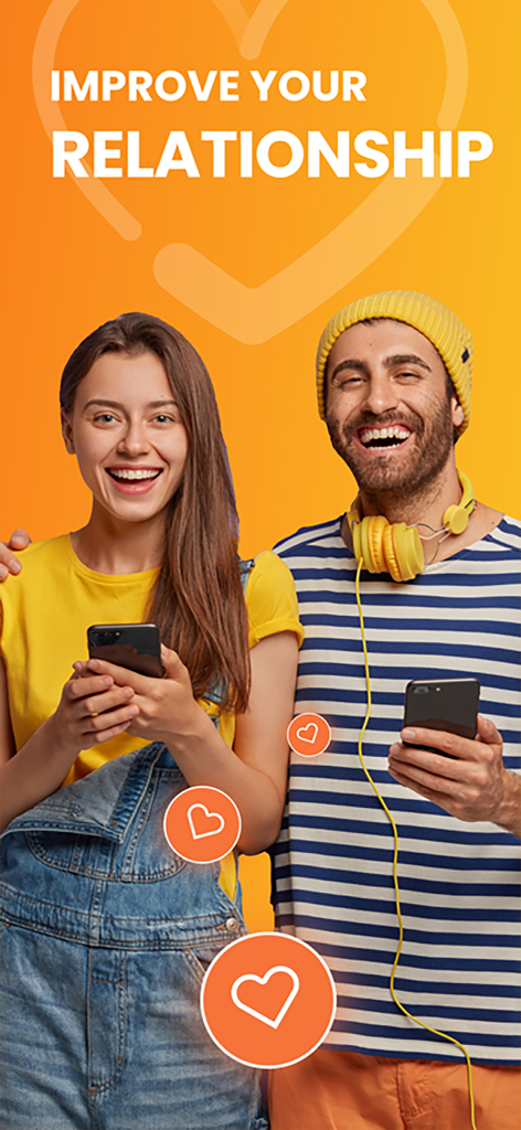 Couple Game: Relationship Quiz - 幸せな若いカップルがスマートフォンを笑顔で使っており、「関係を改善する」というテキストが表示されています。