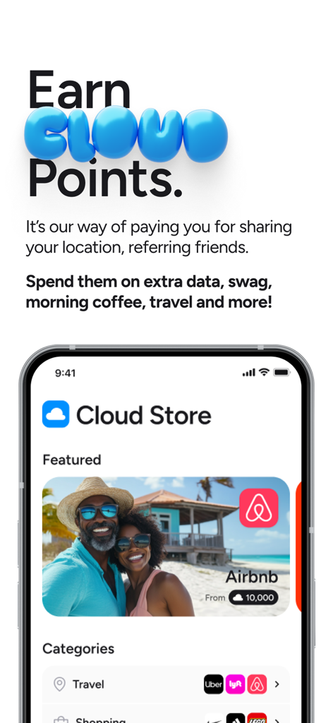 Helium Mobile app screen showing the Cloud Store where users can earn points for sharing location and spend them on rewards like Airbnb travel