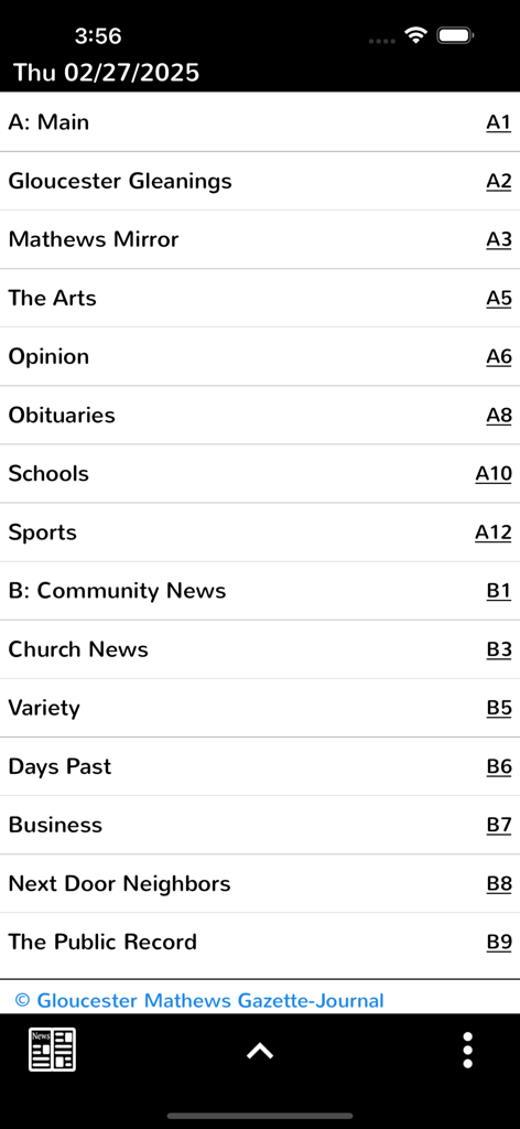 List of local news sections in the Gazette Journal Virginia digital newspaper app including Obituaries and Community News