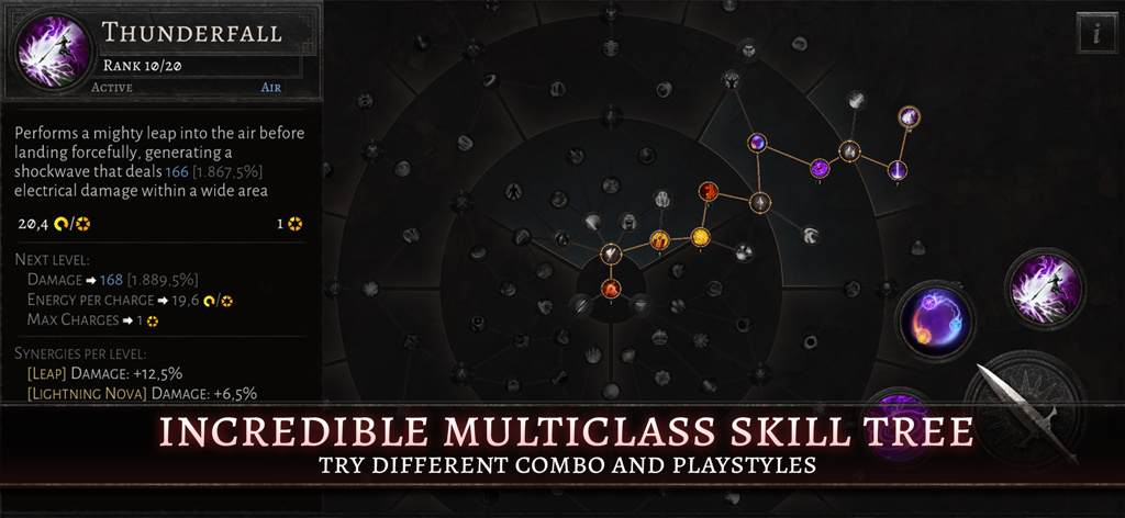 A detailed view of the complex multiclass skill tree interface in Oniro ARPG featuring the Thunderfall ability