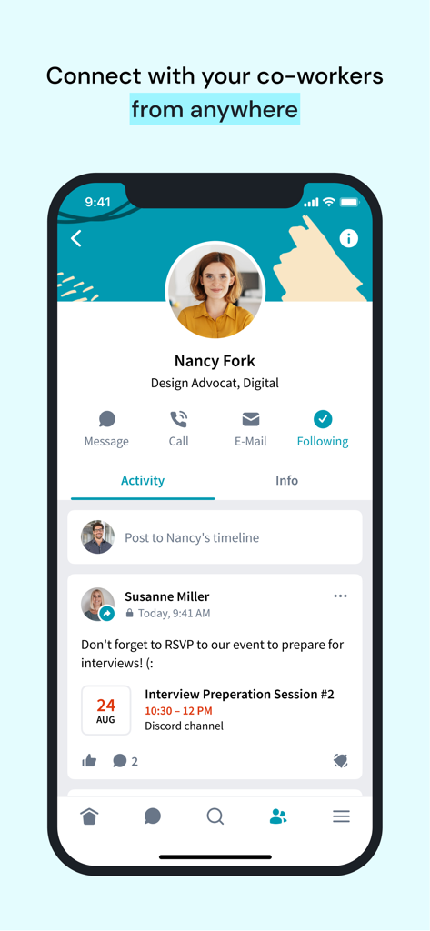 Haiilo - Haiilo mobile app interface showing a coworker profile and social feed for internal communication.