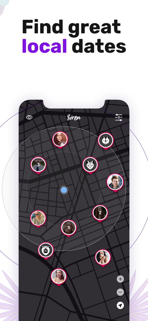 Siren dating app mobile interface showing a radar map with profile icons of local singles.