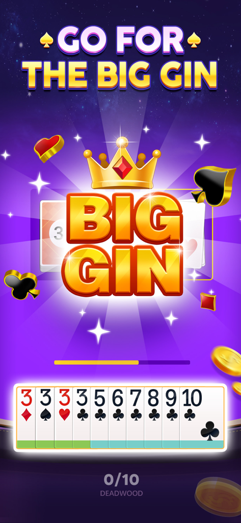 Gin Rummy Cash - Gin Rummy Cash mobile game screen showing a Big Gin victory with a perfect card hand