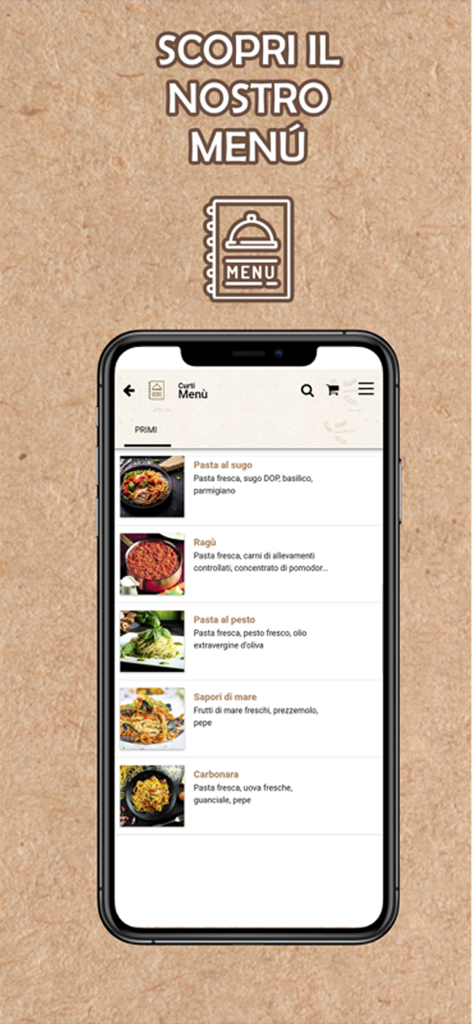 Curti - Tela de smartphone mostrando o menu do aplicativo Curti com uma seleção de pratos de massa italianos como Carbonara e Pesto.
