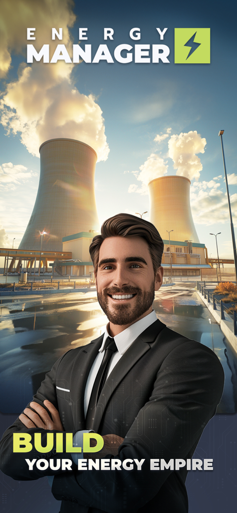 Energy Manager - 2025 - Ein lächelnder Energiemogul im Anzug steht vor einem Kernkraftwerk mit Kühltürmen