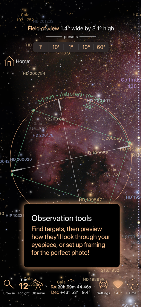 Luminos Pro - Luminos Proアプリの画面には、星や星雲をフレーミングするための観測ツールが表示されています