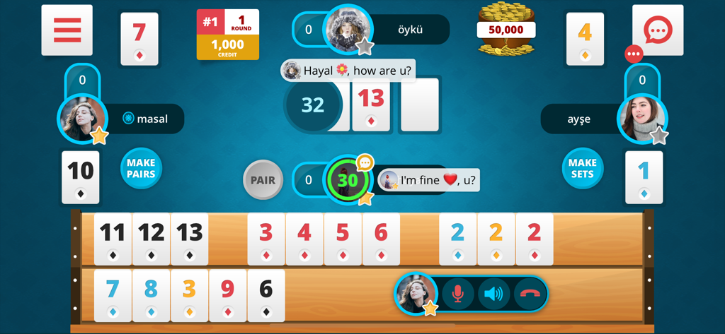 Okey Online mobile game interface featuring tile sets and social voice chat functionality.