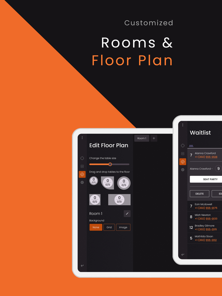 Table Management - iPad mockup showing restaurant floor plan editor and guest waitlist management
