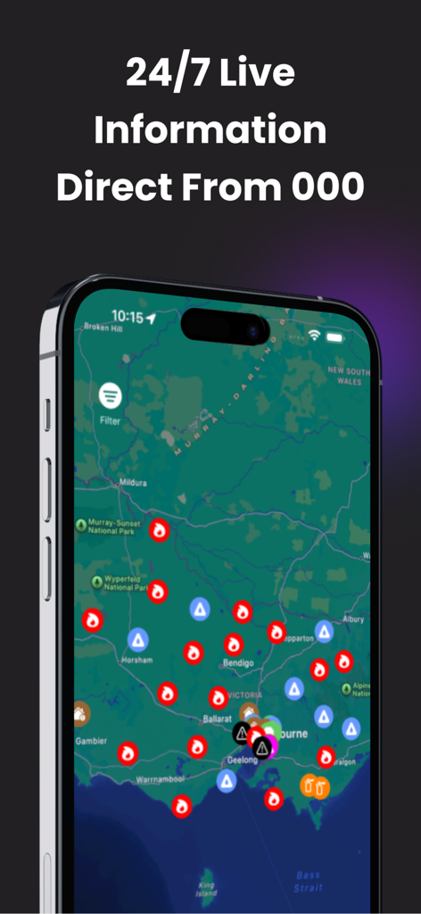 NSW Emergency: Incident Alerts - Teléfono inteligente mostrando el mapa interactivo de la aplicación NSW Emergency con íconos de incidentes en tiempo real y alertas en toda Nueva Gales del Sur.