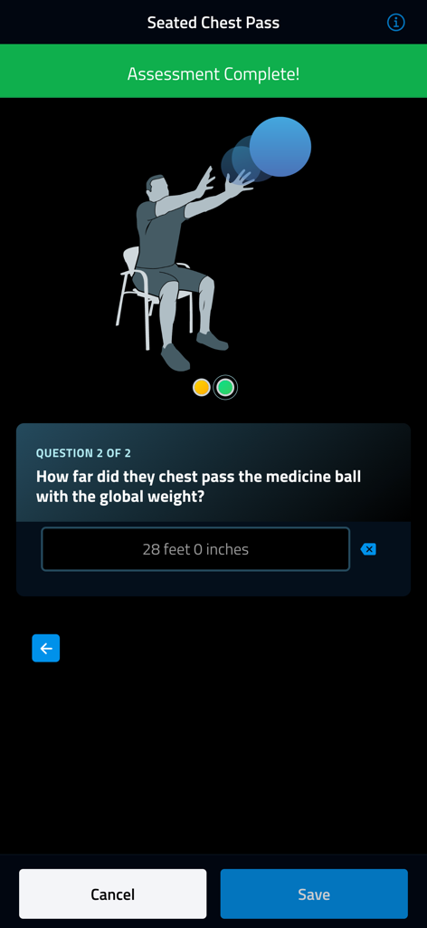 Seated chest pass assessment module in the TPI Pro app for professional golf fitness screening