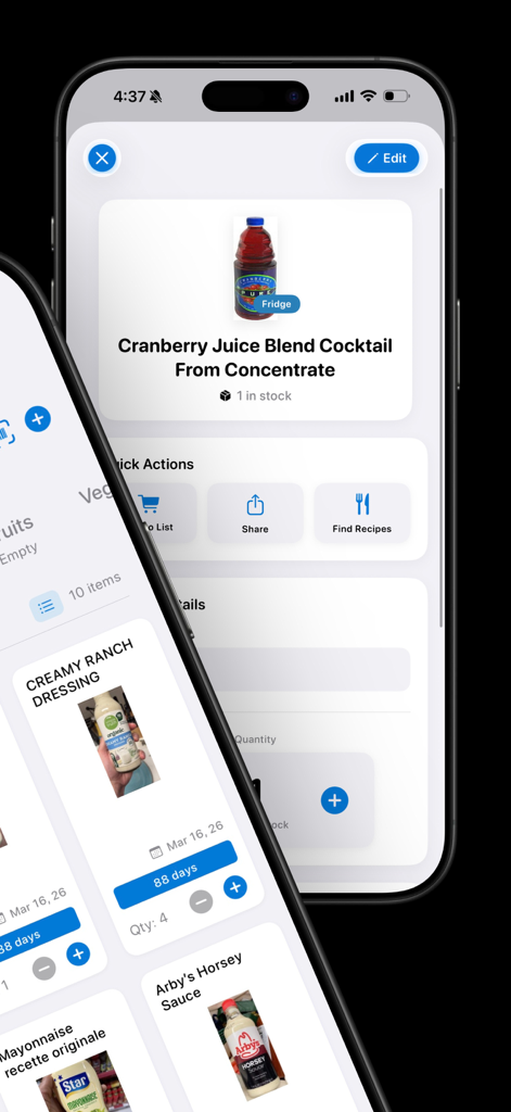 Food Stocks • Pantrino - Deux smartphones affichant l'interface de l'application Pantrino pour le suivi de l'inventaire alimentaire et la gestion du garde-manger