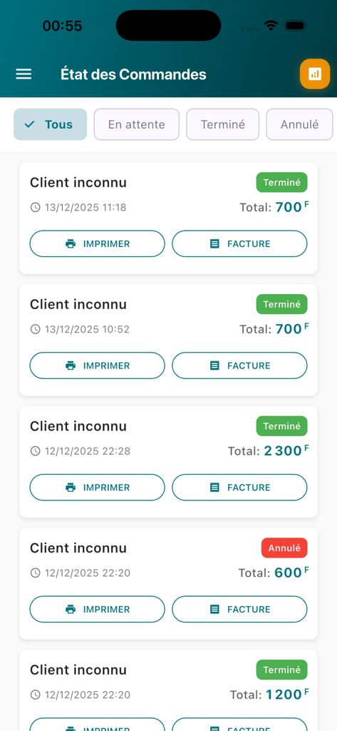 Maquis - Interface of the Maquis app showing a list of customer orders with their status, totals, and options to print invoices.