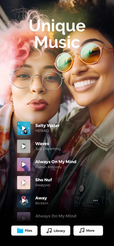 StoryWave - Video Maker - StoryWave app screen displaying a music library with various song choices for video backgrounds