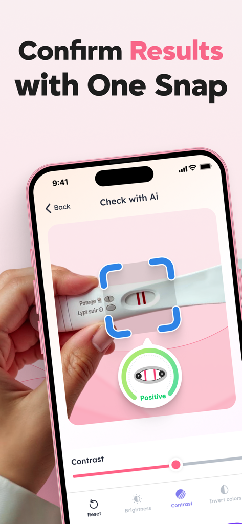 Pregnancy Test Checker & Scan - Smartphone screen showing a pregnancy test being scanned by an AI app to confirm a positive result