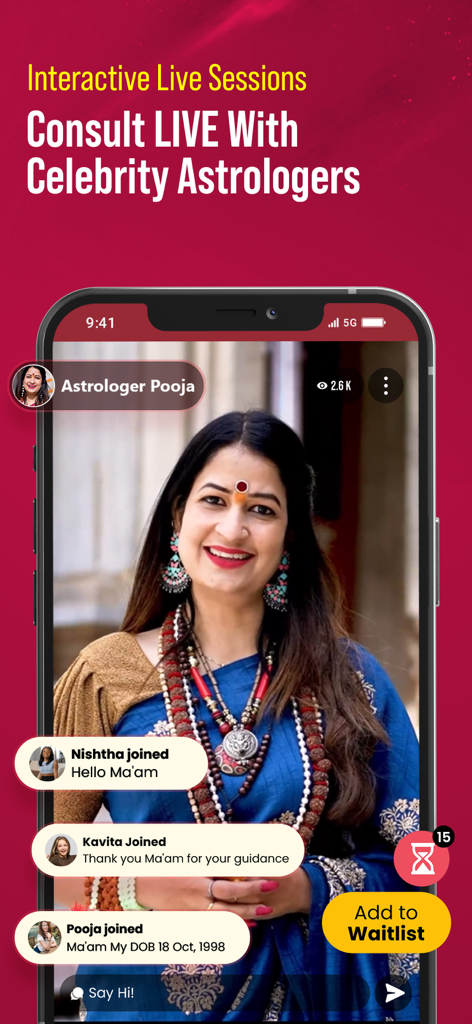 Anytime Astro Live Chat & Talk - Sesión interactiva de video en vivo con un astrólogo en la aplicación Anytime Astro.