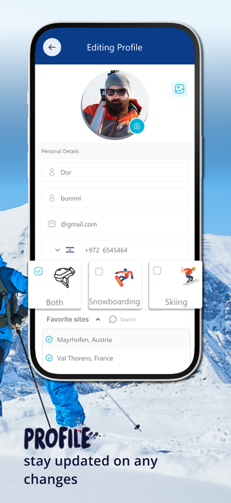 SnowBuzz - Pantalla de edición de perfil de la aplicación SnowBuzz mostrando detalles personales, preferencias de actividad para esquí y snowboard, y estaciones de montaña favoritas.
