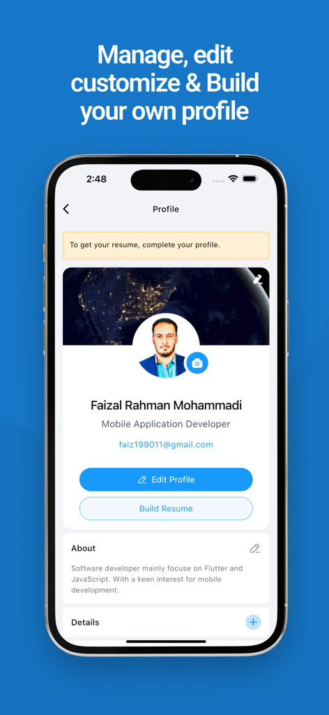 Jobs.af - User profile interface of the Jobs.af app showing resume building and profile management options