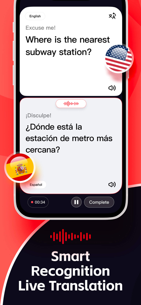 Mobile app interface for live voice translation between English and Spanish using smart recognition.