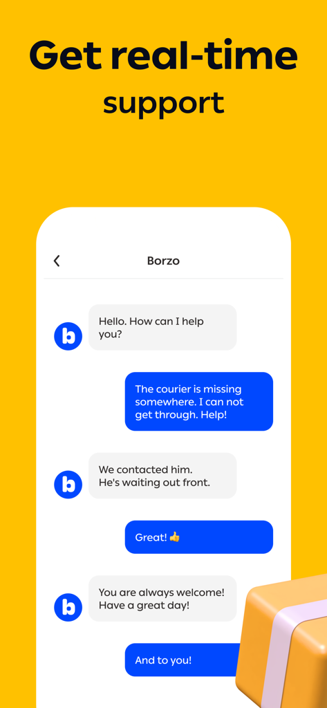 Borzo: Courier Delivery App - Interfaz de chat de soporte al cliente en tiempo real de la aplicación Borzo para asistencia con entregas de mensajería