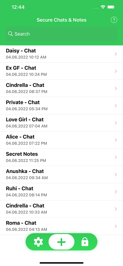 Secure Chats for WhatsApp WA - Oberfläche, die eine Liste von gesicherten WhatsApp-Chats und geheimen Notizen anzeigt